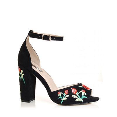 Black faux suede embroidered block heel sandals